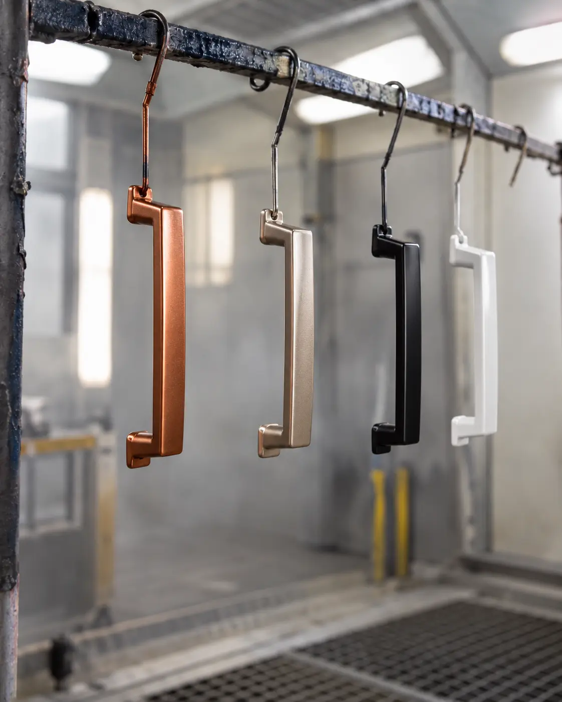 Copper, champagne, black and white handles hanging in a spray booth