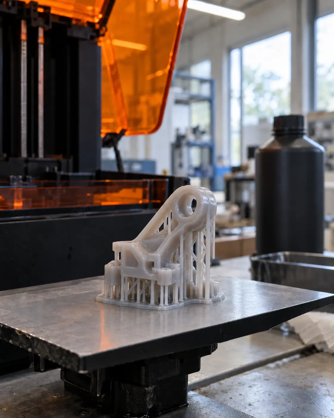Peça cinza impressa em resina 3D, com suportes, sobre a plataforma de uma impressora 3D, com frasco de resina ao fundo